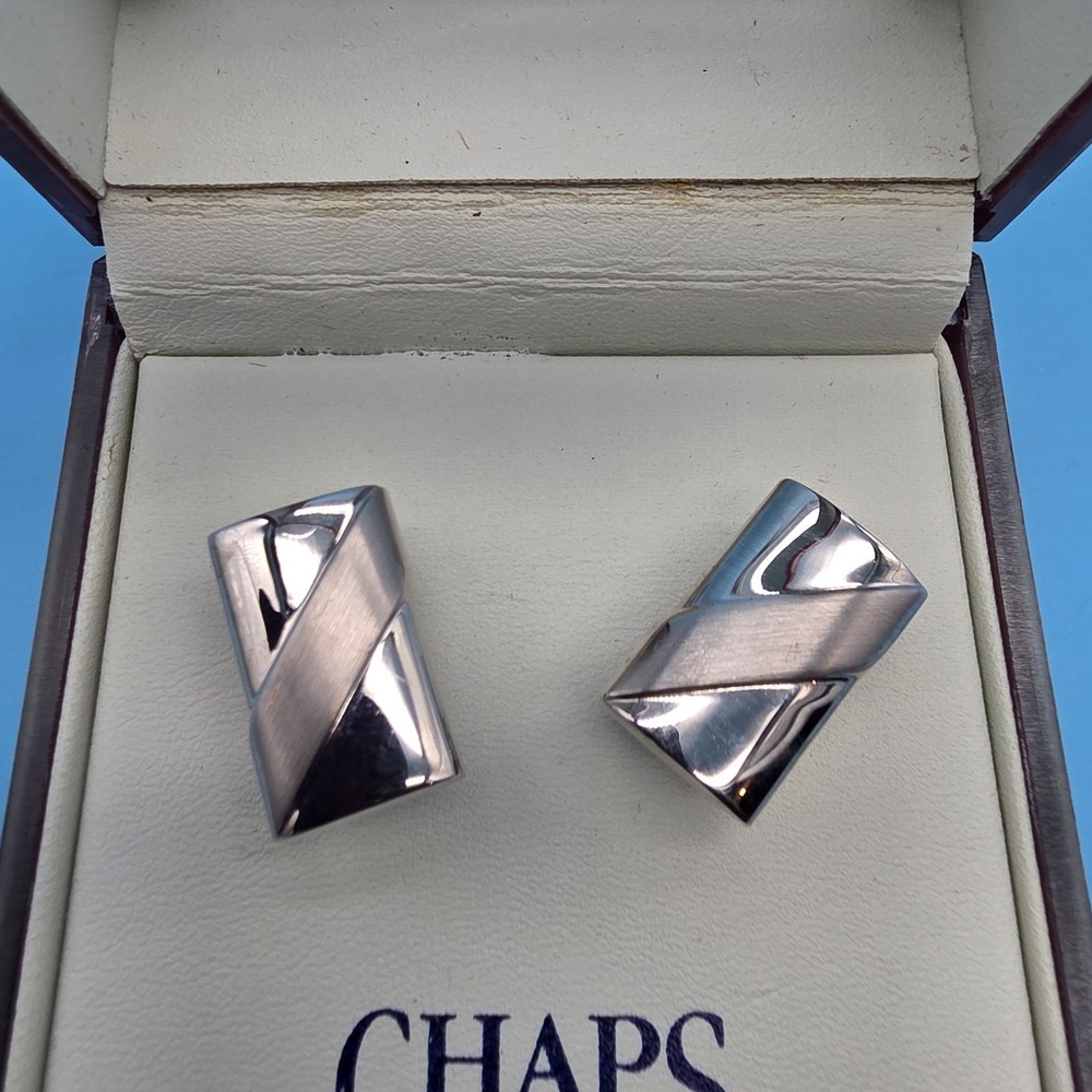 Chaps Silver-Tone Rectangular Diagonal Stripe Cufflinks